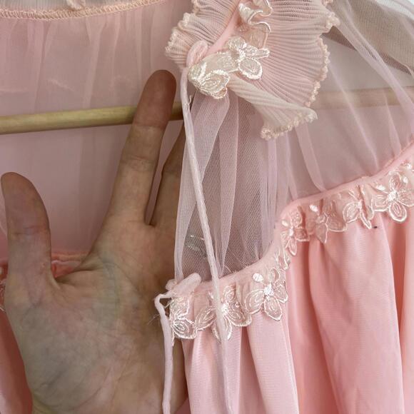 Vintage 80s Creation Model Intimates Cropped Sheer Pink Baby Doll Top Bow Pale - Picture 10 of 13